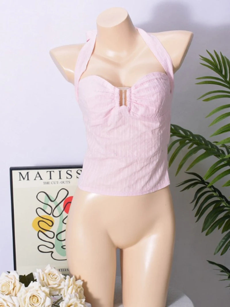 Chic Pink Pleated Sleeveless Tops Fashion Lace up off Shoulder Slim Fit Halter Vest New Women'S Summer Vacation Party Top 2025