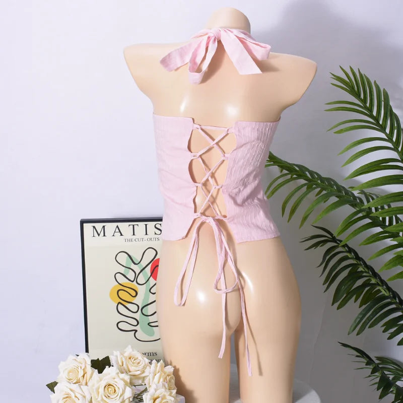 Chic Pink Pleated Sleeveless Tops Fashion Lace up off Shoulder Slim Fit Halter Vest New Women'S Summer Vacation Party Top 2025